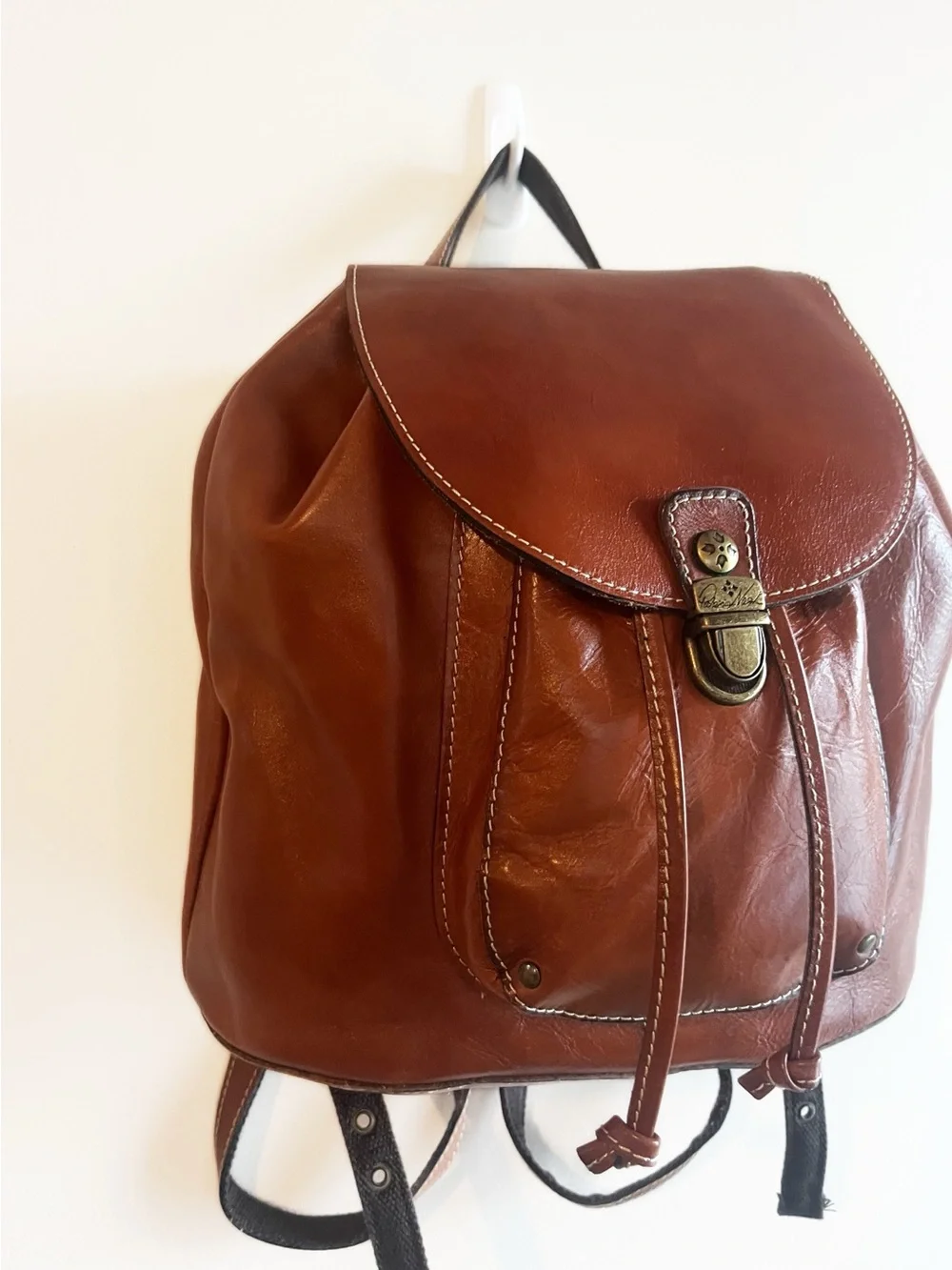 Patricia Nash Casape Cognac Brown Leather Drawstring Backpack